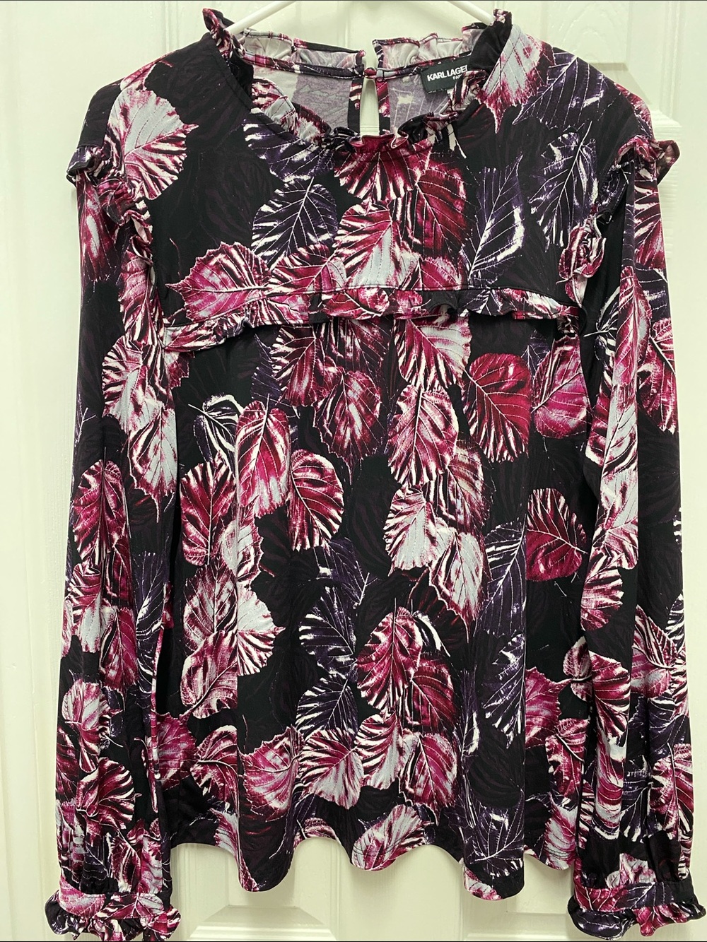 Karl Lagerfeld Black Top with Berry and White Leaf Print, Ruffle Trim